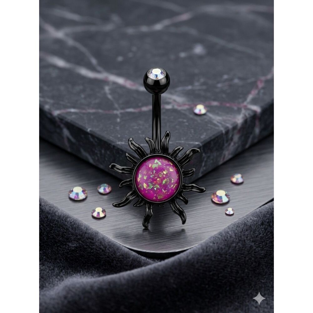 Black PVD Surgical Steel Pink Faux-Opal Celestial Sunburst Navel Ring